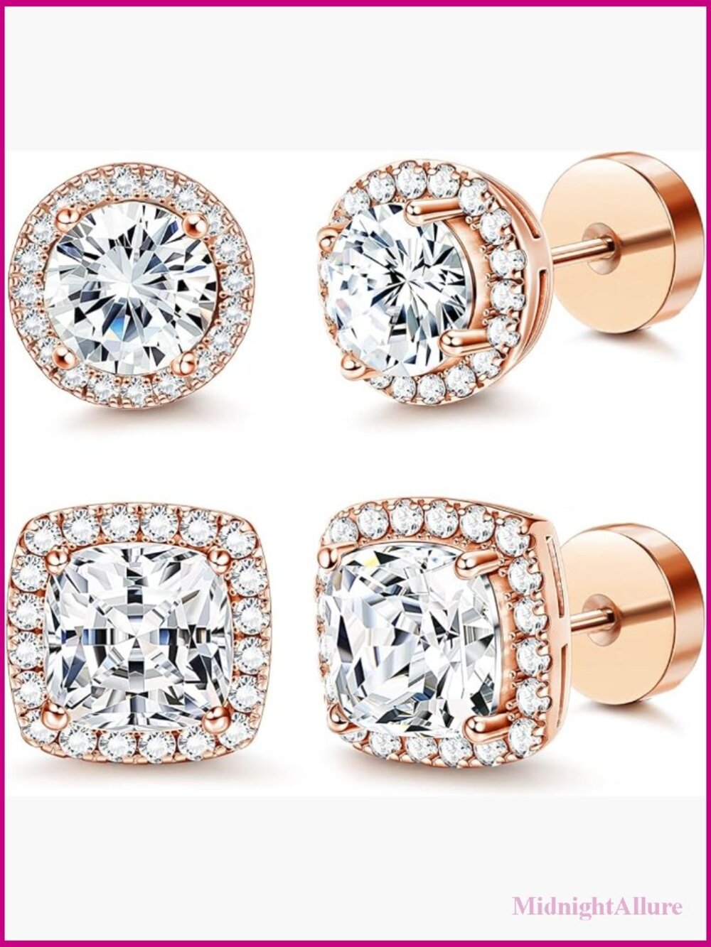 Flat Back Round Square Cubic Zirconia Stud Earrings 8.5mm 10mm Screw On